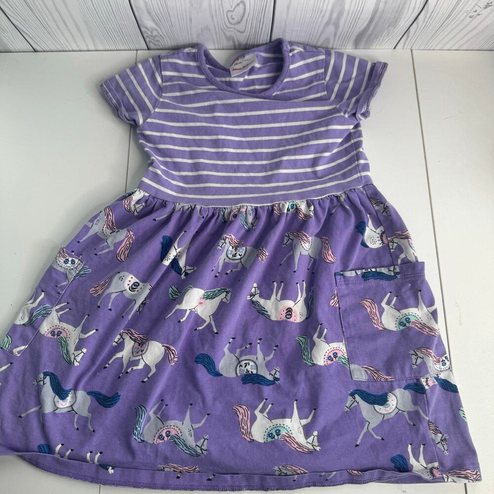 Hanna Andersson Dress Girls 6-7 120 Purple Horse Print Striped Cotton Pockets